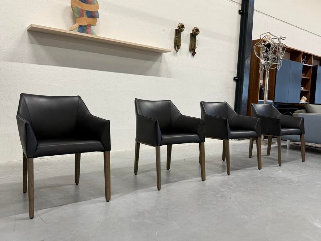 4 Leolux Pyrite eetkamerstoel zwart leer design stoel, Leolux, Zwart, Leer, Ophalen of Verzenden