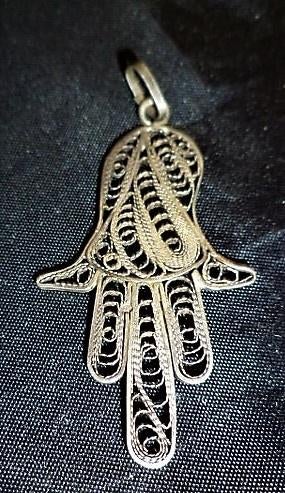 Vintage filigrain zilveren hanger, Hamsa, Hand van Fatima, Ophalen, Zo goed als nieuw, Kruis of Symbool, Zilver