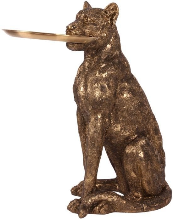 Decoratief Luipaard Beeld met Dienblad - Goud - 62 cm, Kunststof, Zoogdier, Beeld, Goud