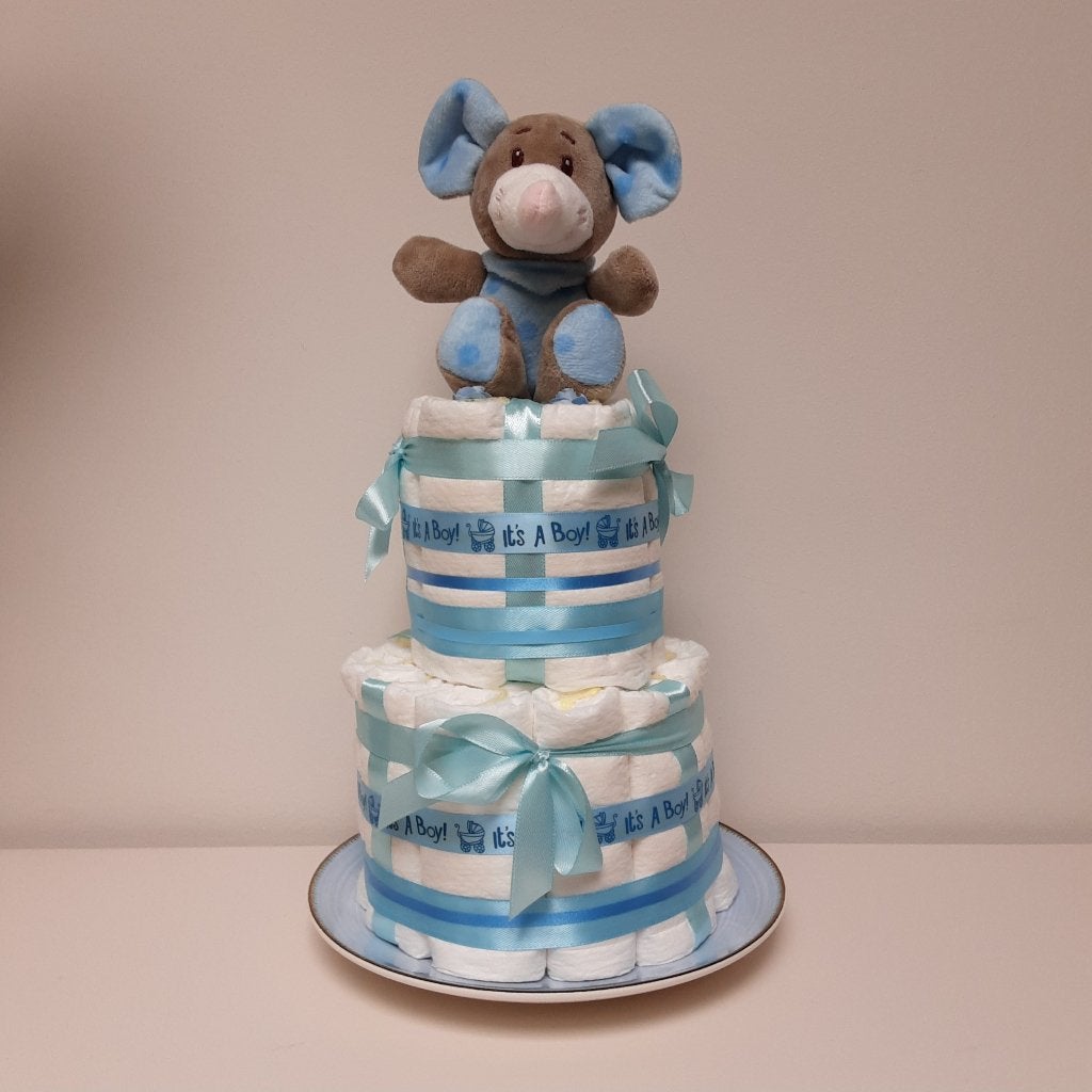 Blauwe luiertaart met muis knuffel voor Babyshower/ geboorte, Ophalen of Verzenden, Nieuw