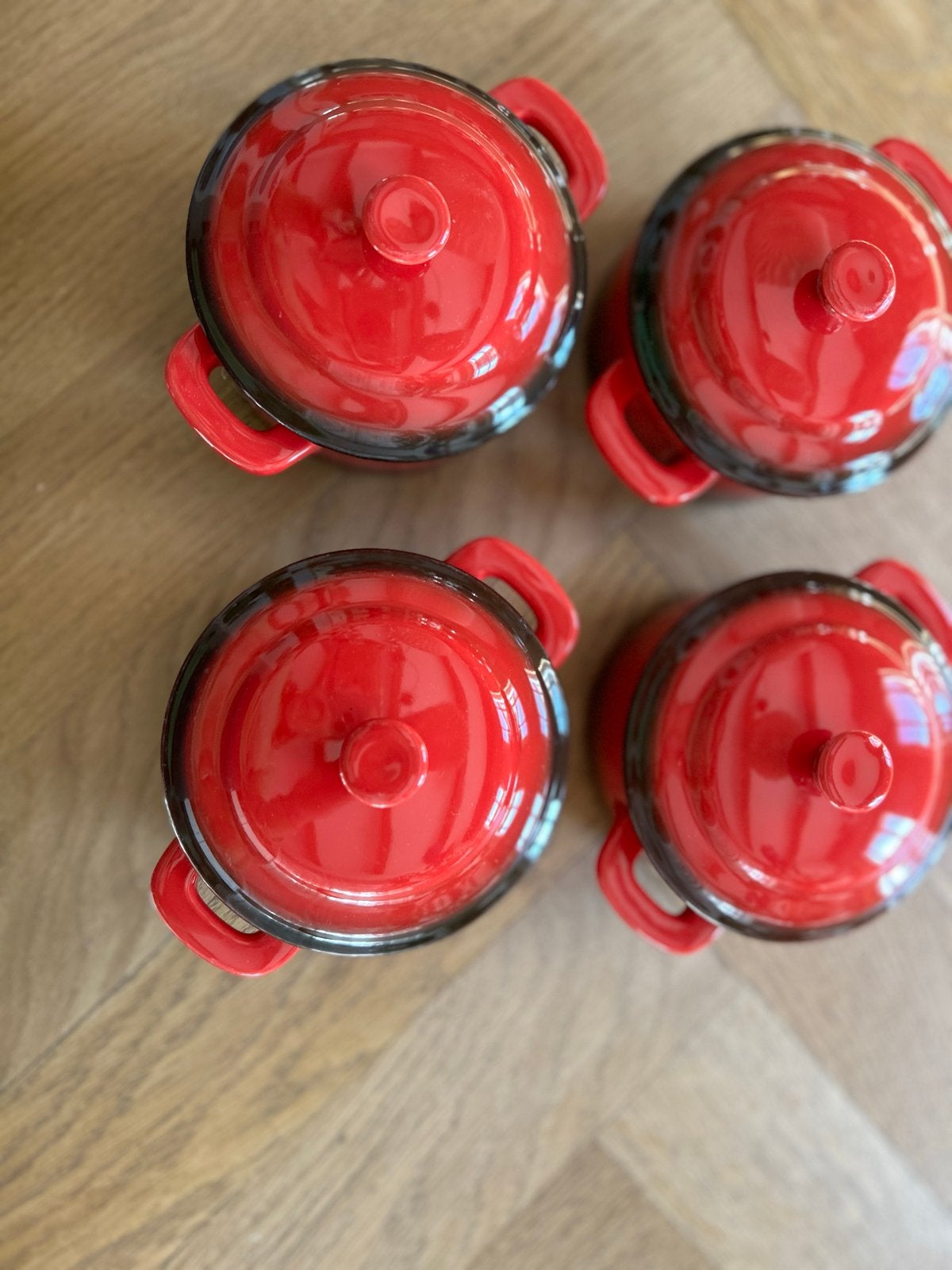 Set van 4 rode mini-pannetjes met deksel, Gebruikt, Met deksel, Overige typen, Ophalen of Verzenden