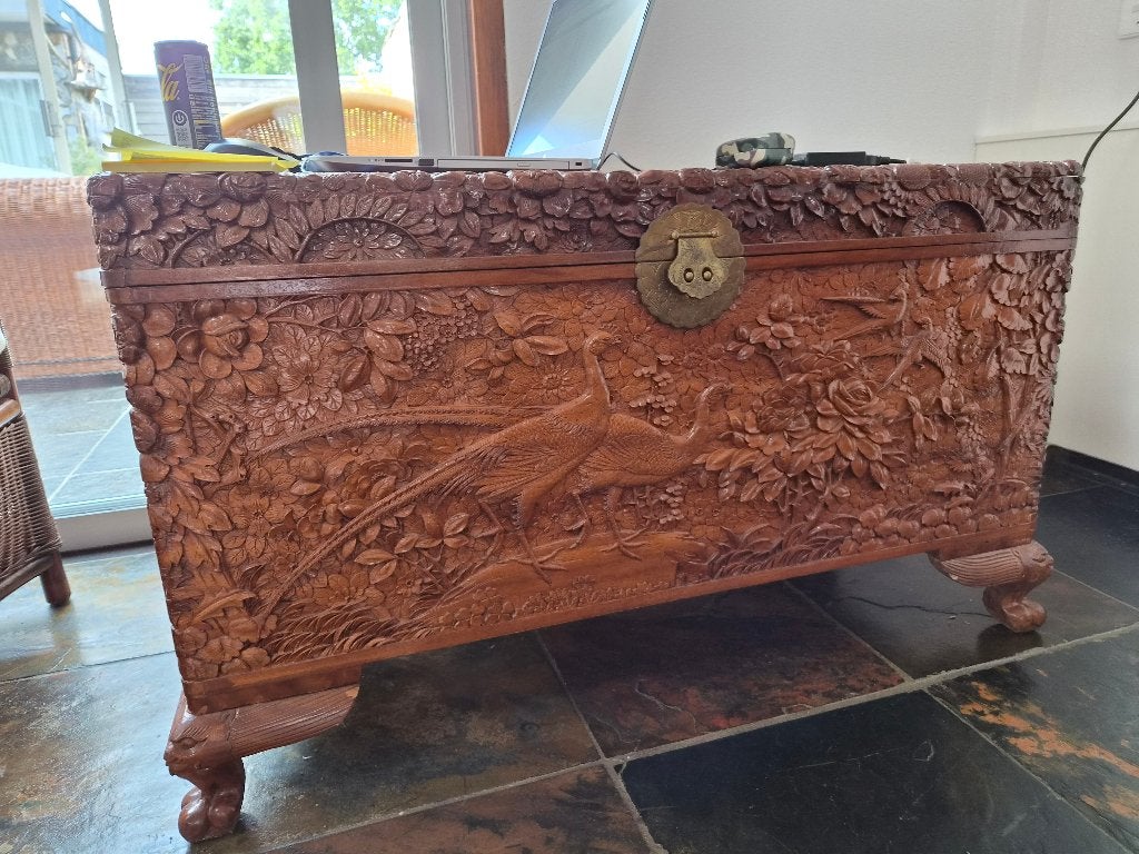 Oude Chinese Kamferkist met zeer diep bijzonder snijwerk, Huis en Inrichting, Woonaccessoires | Kisten, Ophalen, Gebruikt, 50 tot 100 cm
