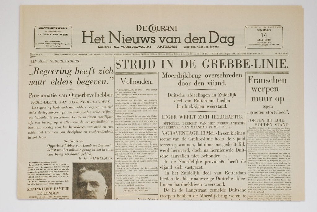 Het Nieuws van den Dag - 14 mei 1940 | Herdruk krant WOII, Zo goed als nieuw, Verzenden, Amsterdam, Overige soorten