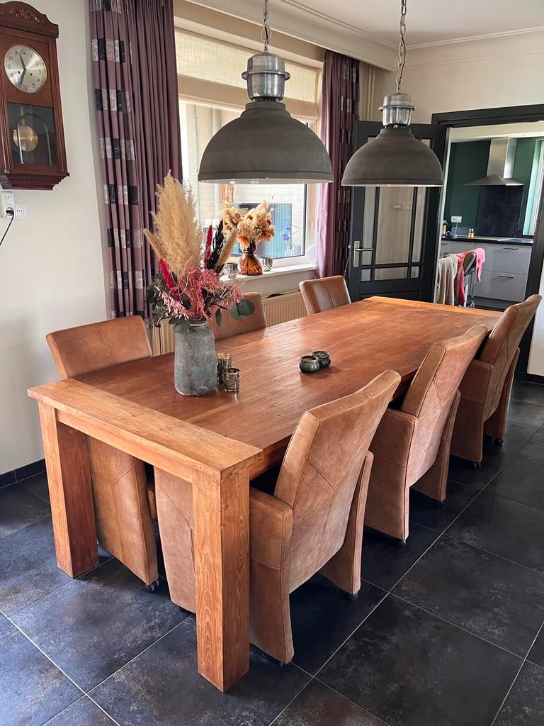 Teak houten eettafel met echt lederen stoelen, Huis en Inrichting, Complete eetkamers, Ophalen, Gebruikt, 6 tot 8 stoelen
