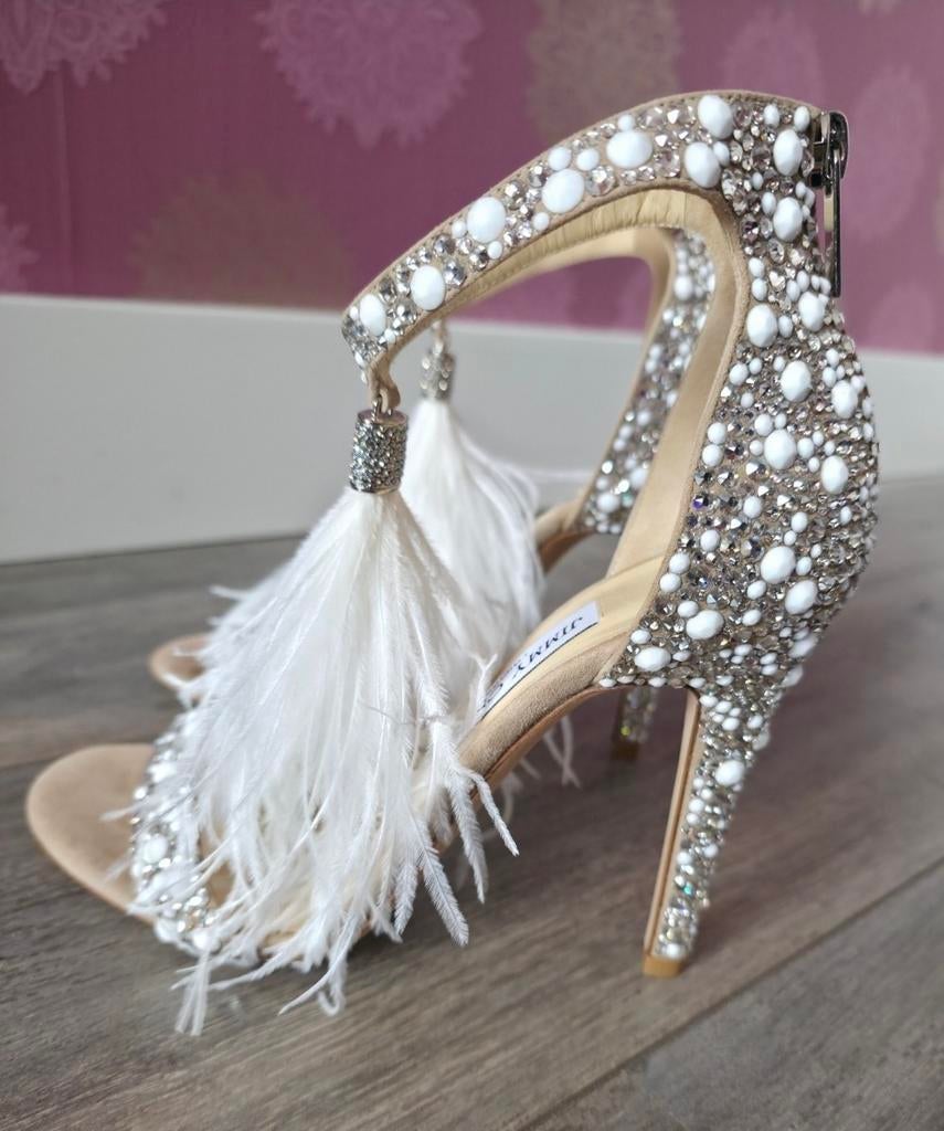 Jimmy Choo kristal, parel & veren hakken maat 38 met doos, Met kristal, Overige materialen, Verzenden, Wit