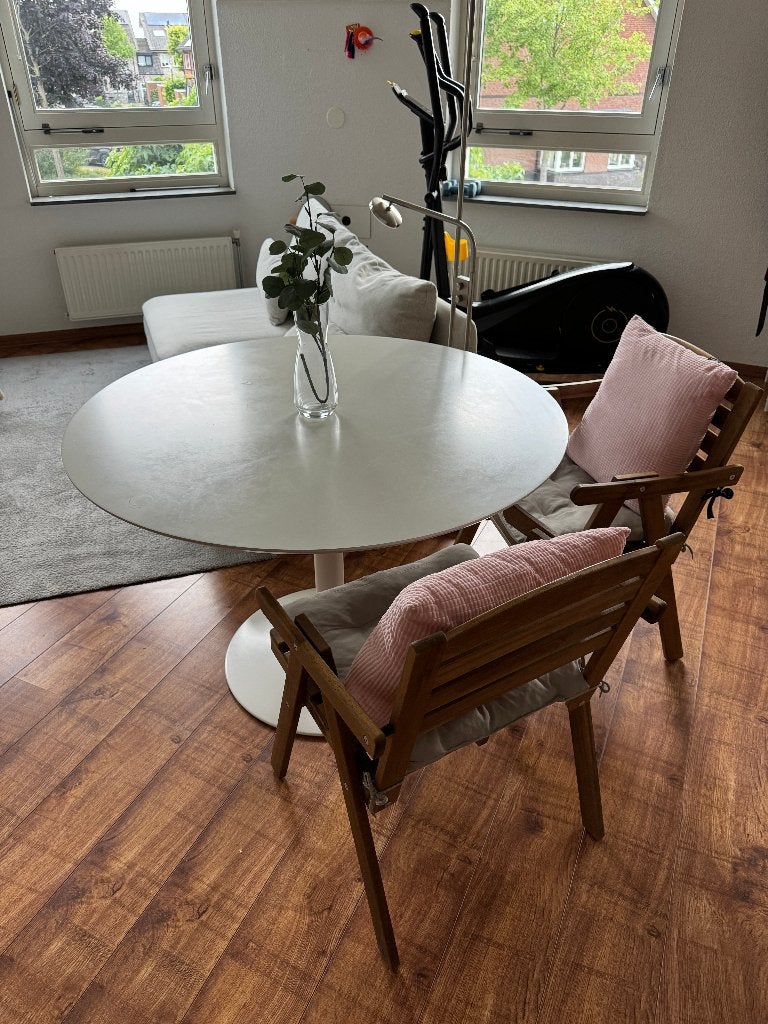 Ronde witte eettafel 110 cm + 2 IKEA FALHOLMEN stoelen, Ophalen, Gebruikt, Rond, Vier personen