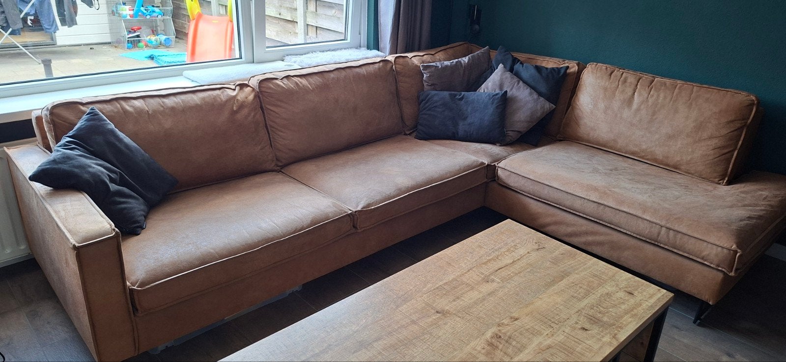 Cognac hoekbank 290x217cm, Ophalen, 250 tot 300 cm, Gebruikt, Hoekbank