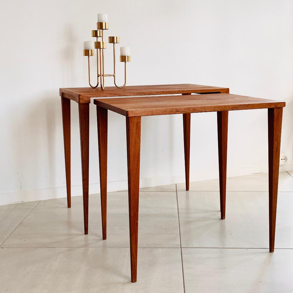 vintage teak TAFELTJES mimiset nesting tables Mid Century, Gebruikt, 50 tot 100 cm, Teakhout, Ophalen of Verzenden
