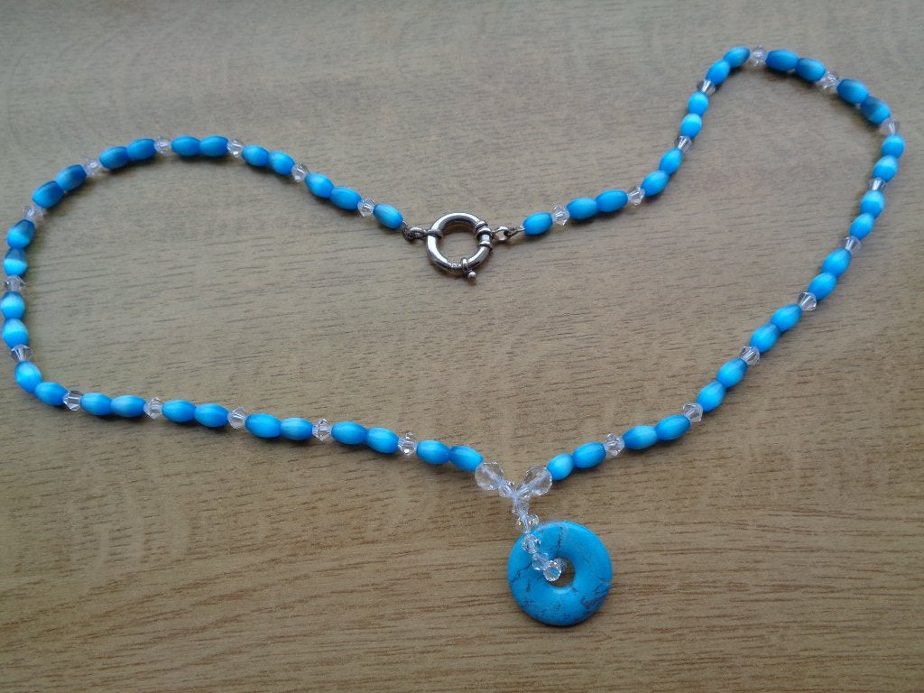 ketting zilver veerslot, kristal, blauwe cateye kralen [181], Nieuw, Met hanger, Steen of Mineraal, Verzenden
