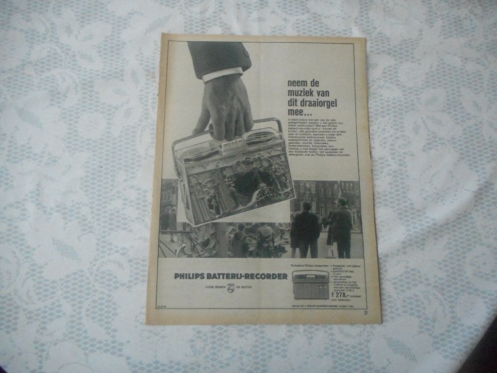 Adv, Philips. Batterij-recorder. Muziek draaiorgel, 1962., Ophalen of Verzenden, Gebruikt, Overige typen