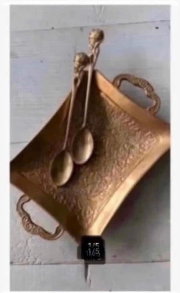 Brocante koperen messing schaaltje, 2 lepeltjes 13,5 x 8 cm, Antiek en Kunst, Ophalen of Verzenden