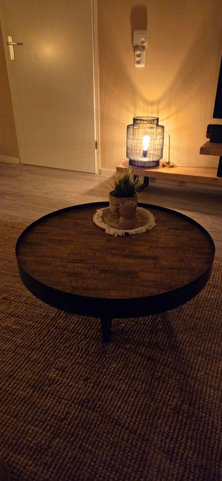 Salontafel rond zwart metaal met hout, Ophalen, Gebruikt, 50 tot 100 cm, Rond
