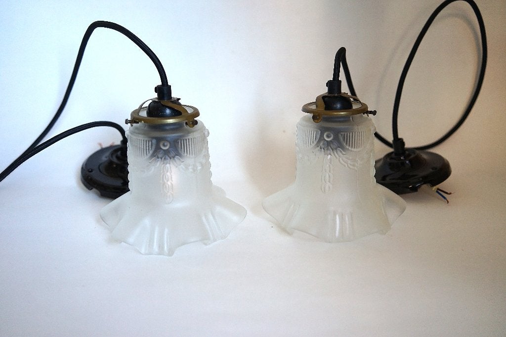 antiek duo hanglamp mat glas lamp rok wit zwart porselein., Ophalen of Verzenden