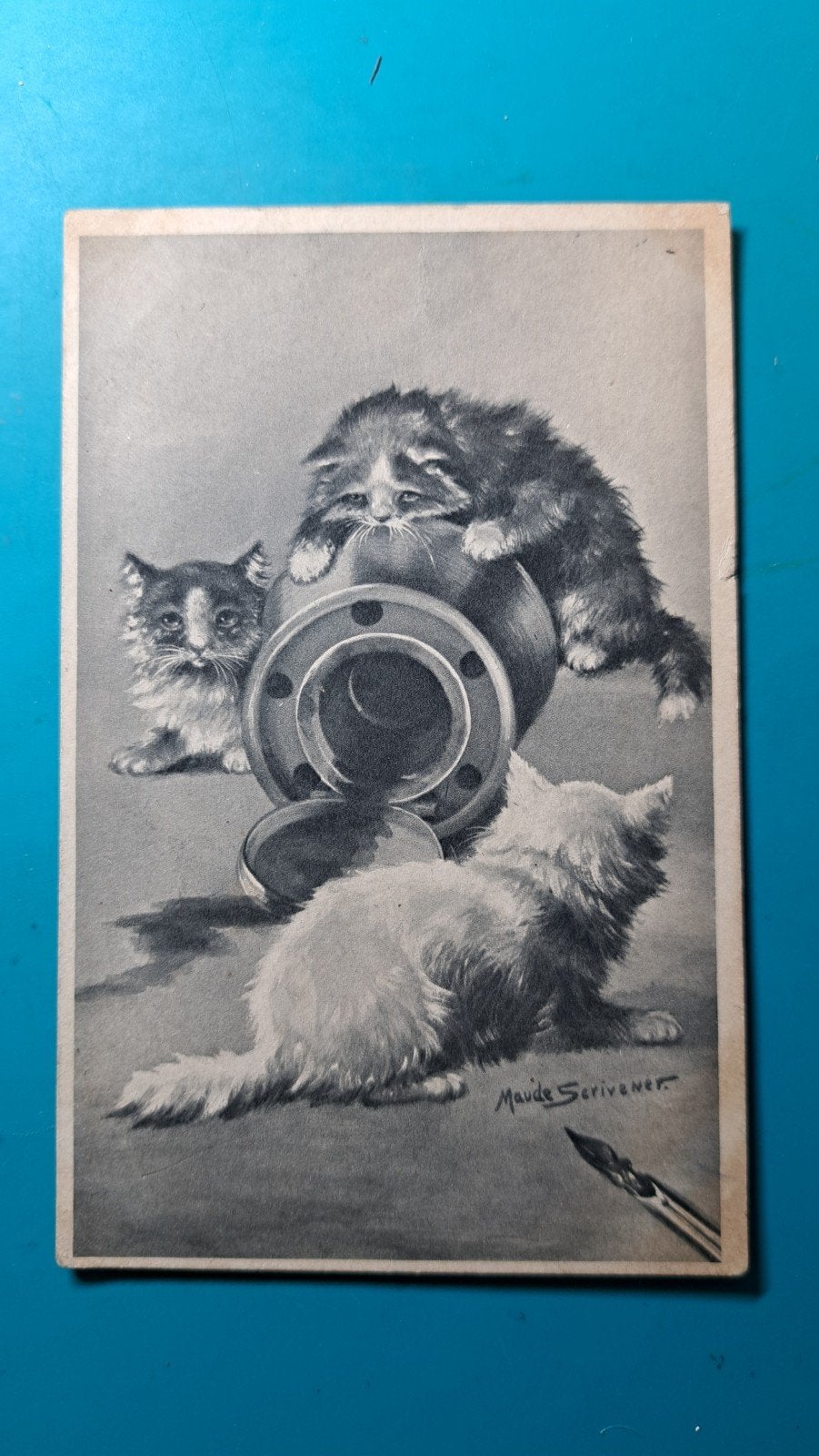 Poesjes spelen met inktpot. Serivenet. 1910, Verzamelen, Ophalen of Verzenden, Voor 1920, Gelopen, Hond of Kat