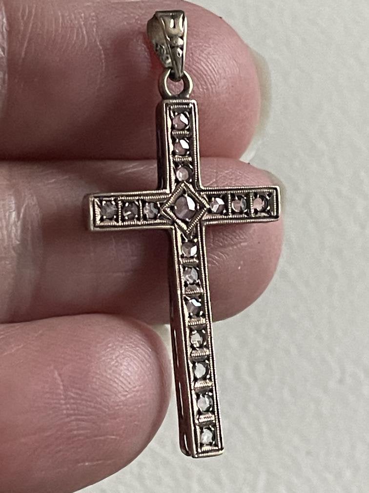 antiek 9 karaat kruisje met diamanten, Ophalen of Verzenden, Goud, Hanger