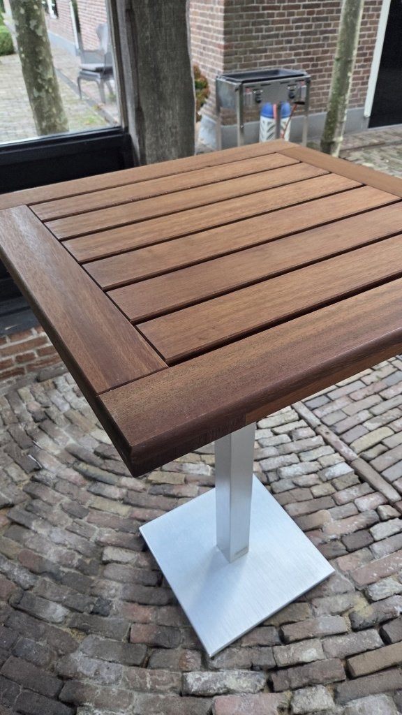 Vierkante bartafel statafel aluminium hardhout in en outdoor, Ophalen, Zo goed als nieuw