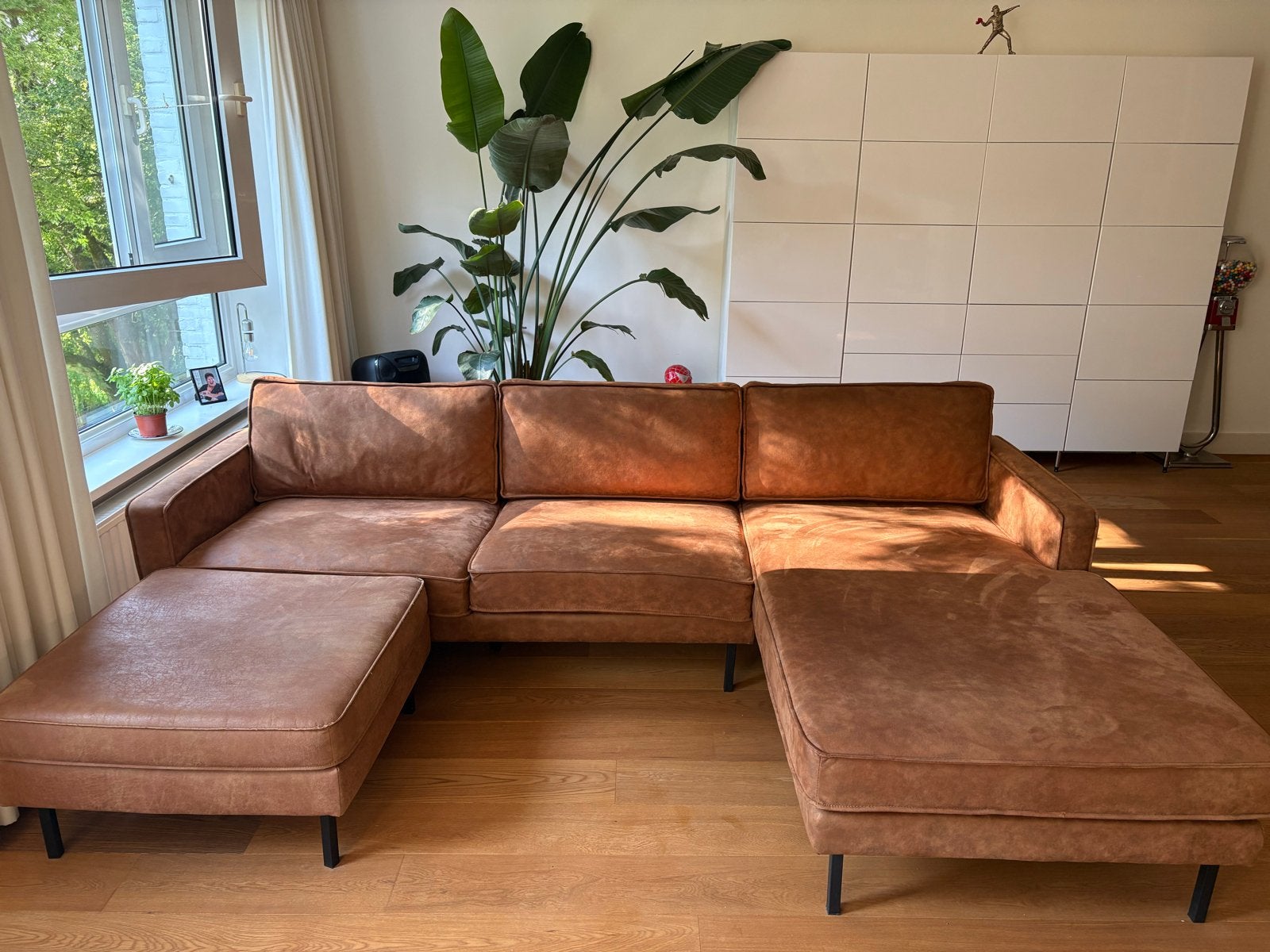 Modulaire Hoekbank Bruin - Suede look 2.80m breed, 68cm hoog, Ophalen, 250 tot 300 cm, Gebruikt, Hoekbank