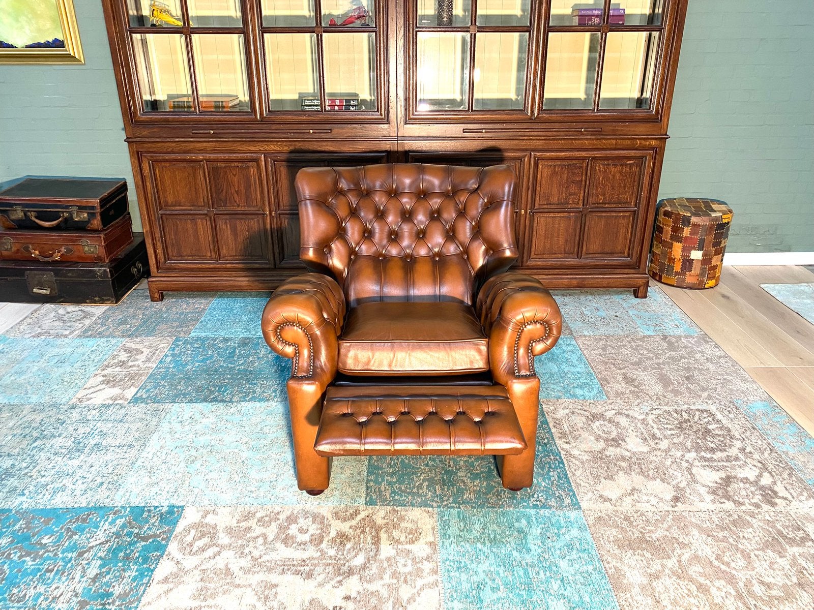 Chesterfield relaxfauteuil bruin gevlamd, Huis en Inrichting, Fauteuils, Ophalen, Gebruikt, 75 tot 100 cm
