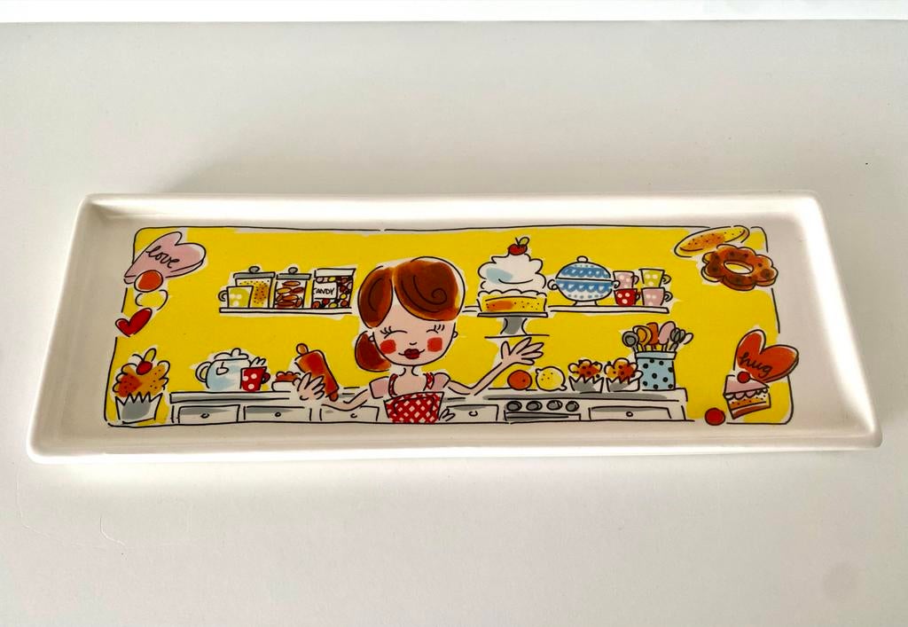 Blond Amsterdam cake schaal met bakkerij-illustratie, Porselein of Keramiek, Schaal, Ophalen of Verzenden, Zo goed als nieuw