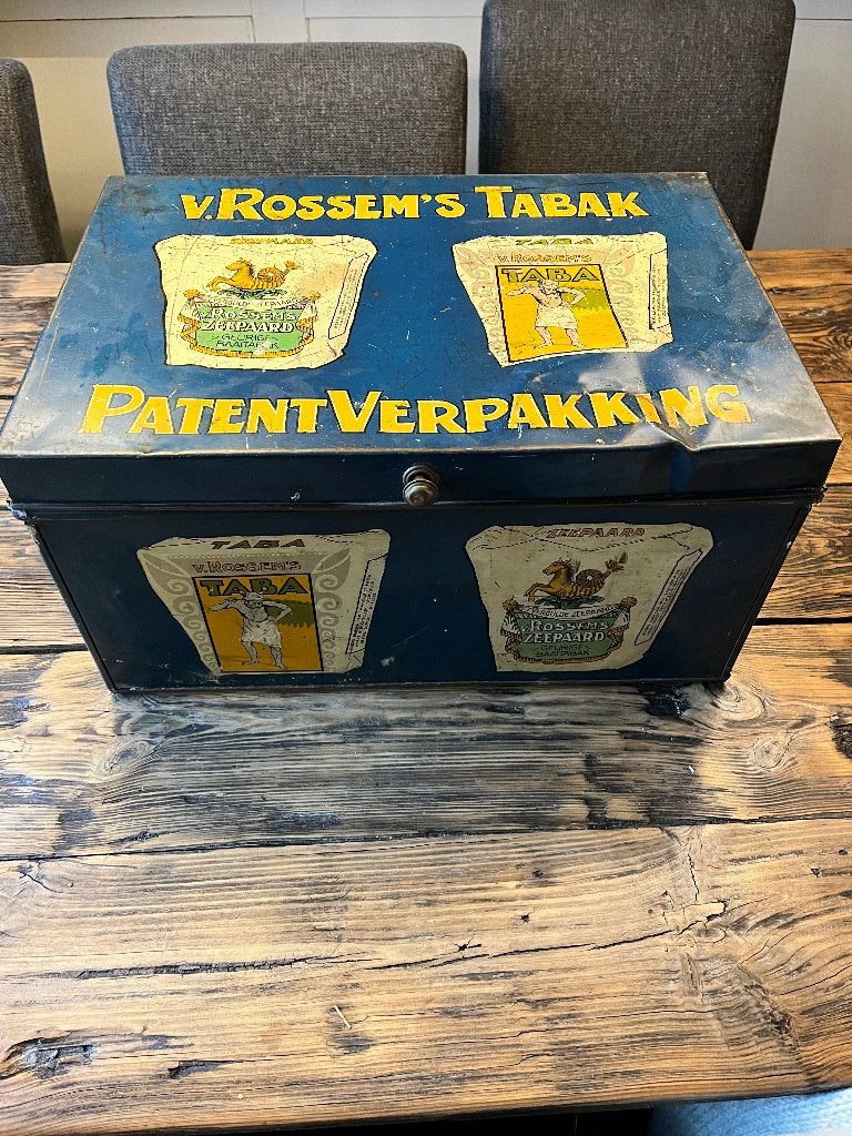 Blauw voorraadblik van Van Rossem, voor tabak winkelblik, Verzamelen, Ophalen, Gebruikt, Overige, Overige merken