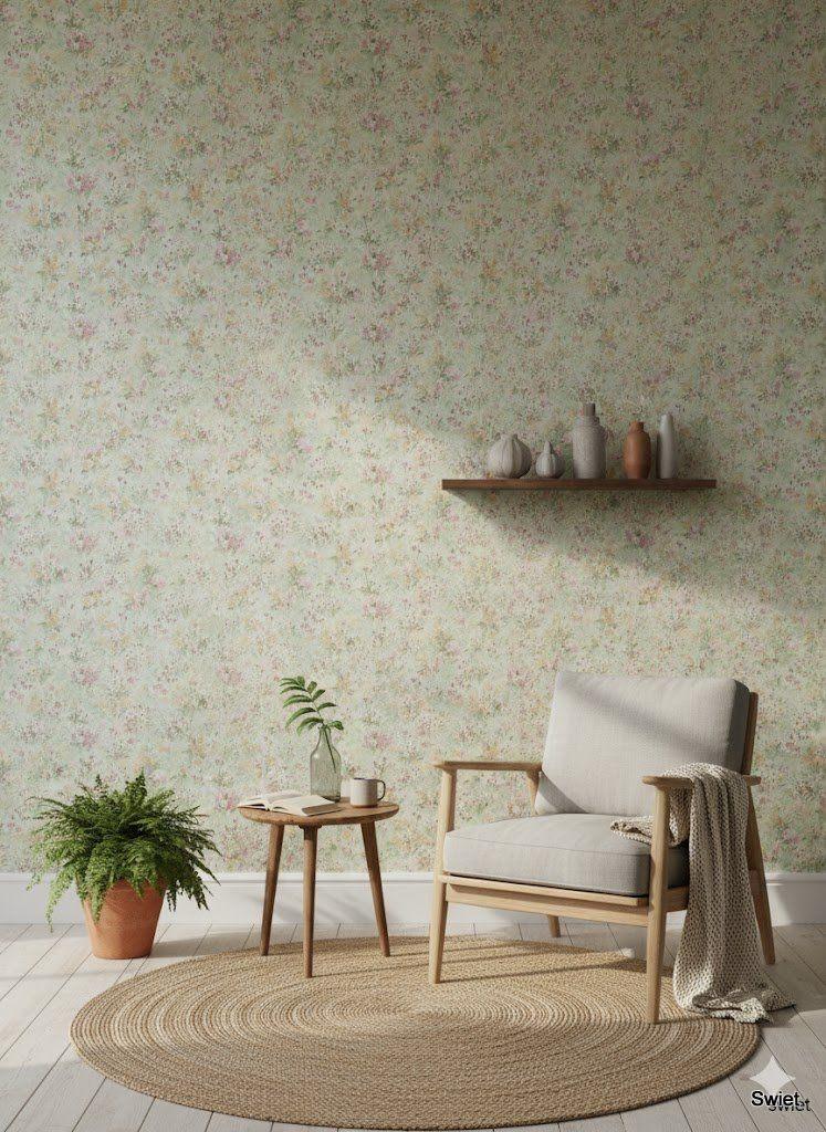 5545 bloemenbehang pastelgroen blauw geel wit retro swiet, Verzenden, Wit