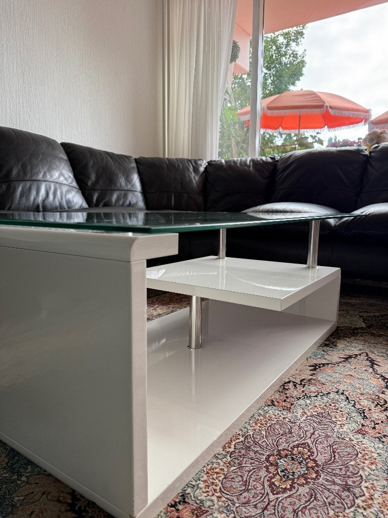 Witte salontafel met glazen blad, Ophalen, Gebruikt, 100 tot 150 cm, 50 tot 100 cm