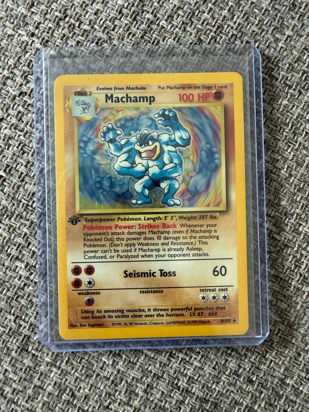 Pokémon Machamp 8/102 Holo Rare (1st Edition) Base Set, Ophalen of Verzenden, Zo goed als nieuw, Losse kaart, Foil