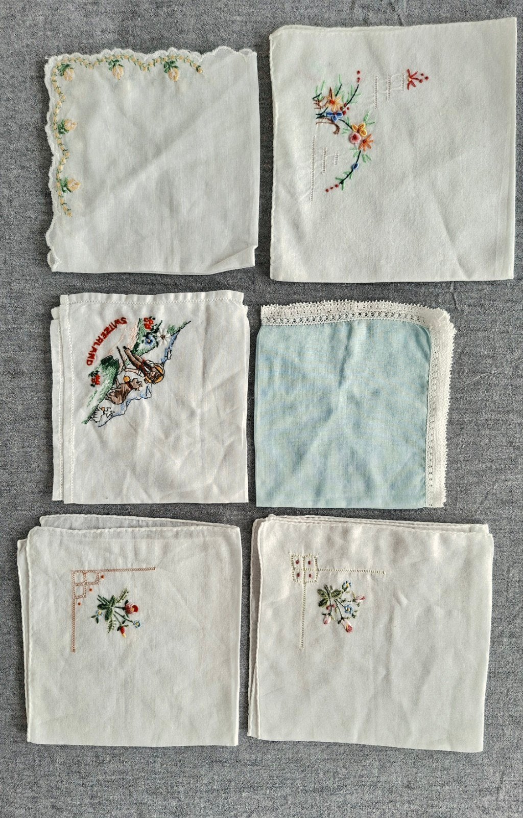 6 Vintage geborduurde stoffen zakdoeken, Ophalen of Verzenden, Overige typen