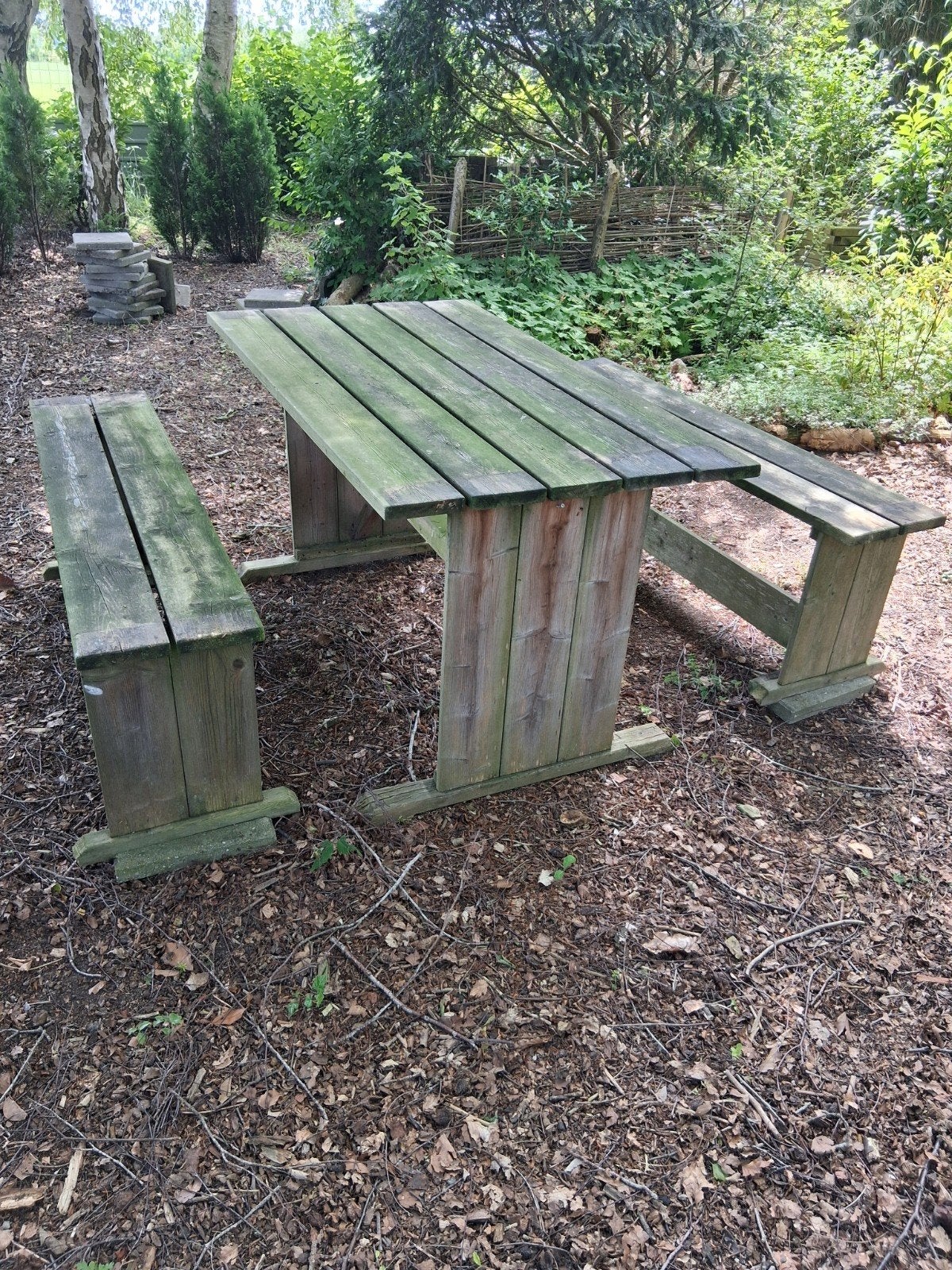 Tuintafel met 2 losse banken, Tuin en Terras, Picknicktafels, Ophalen, Gebruikt, Rechthoekig, Hout