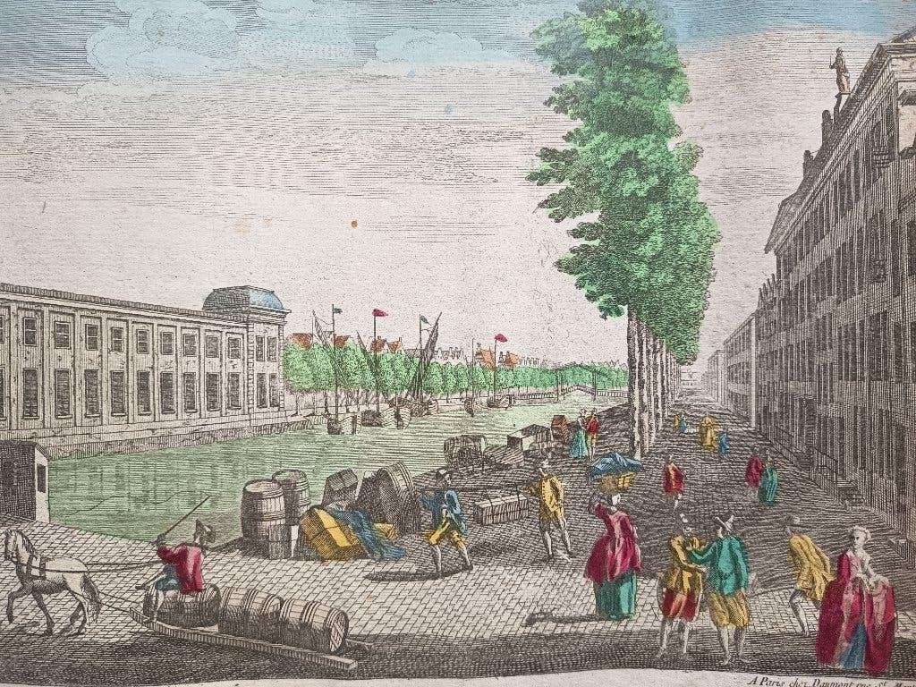 oud-handgekleurde optica-prent Beursgebouw Rotterdam, Antiek en Kunst, Kunst | Etsen en Gravures, Architectuur, Handgekleurd, Ophalen of Verzenden