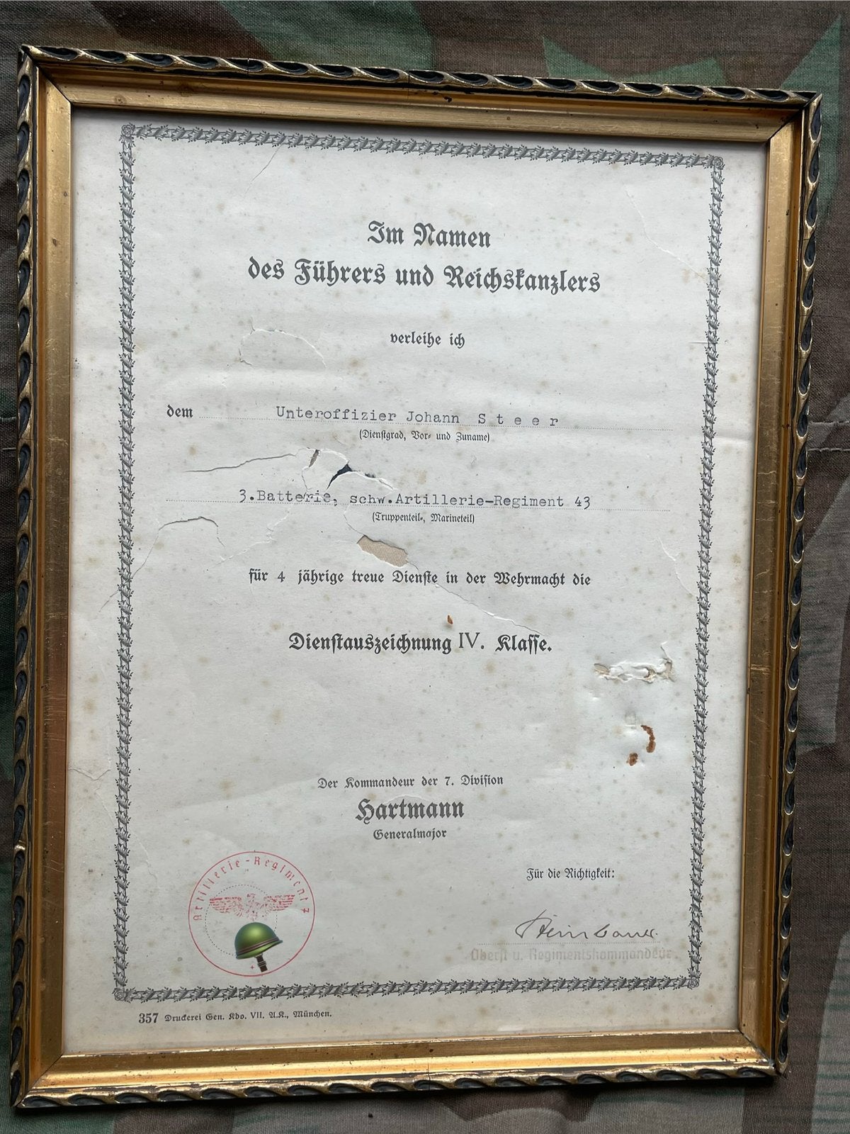 WW2 Duitse oorkonde ‘4 jaar trouwe dienst in de Wehrmacht’., Verzamelen, Ophalen of Verzenden, Duitsland