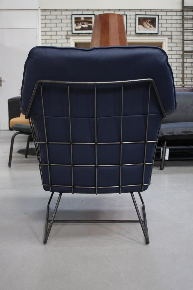Luxe stoere fauteuil RAZ Jess Design metaal leer Kobaltblauw, Ophalen, Zo goed als nieuw, Leer, 75 tot 100 cm