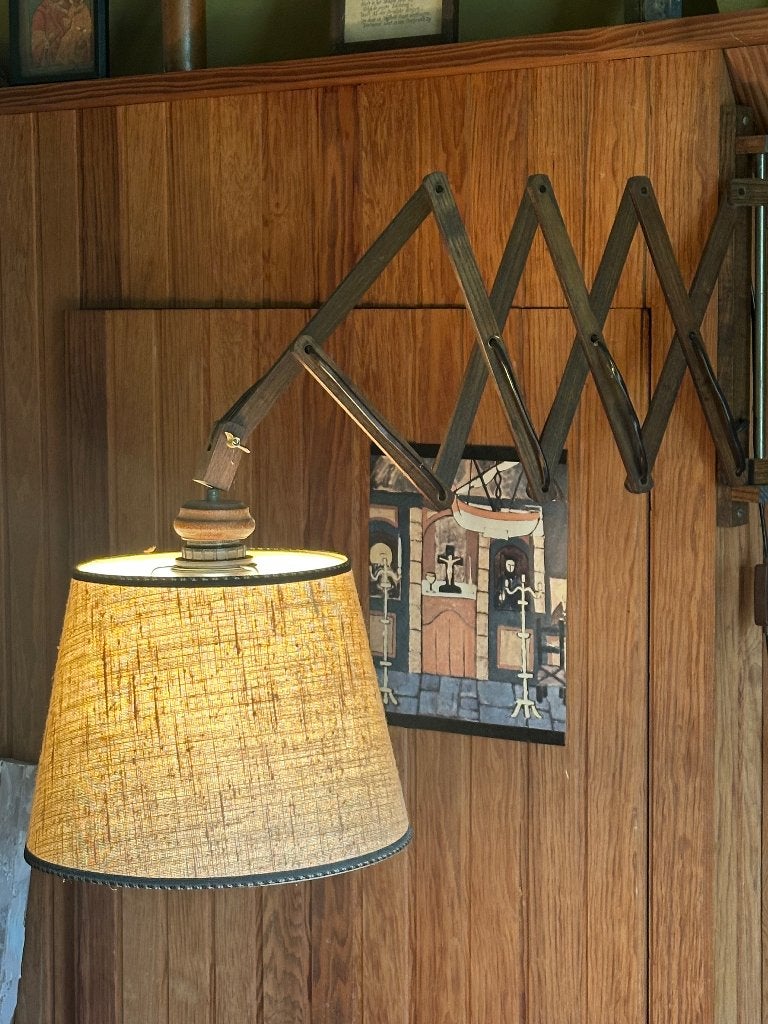 Vintage houten schaarlamp, Ophalen of Verzenden, Gebruikt, Overige typen