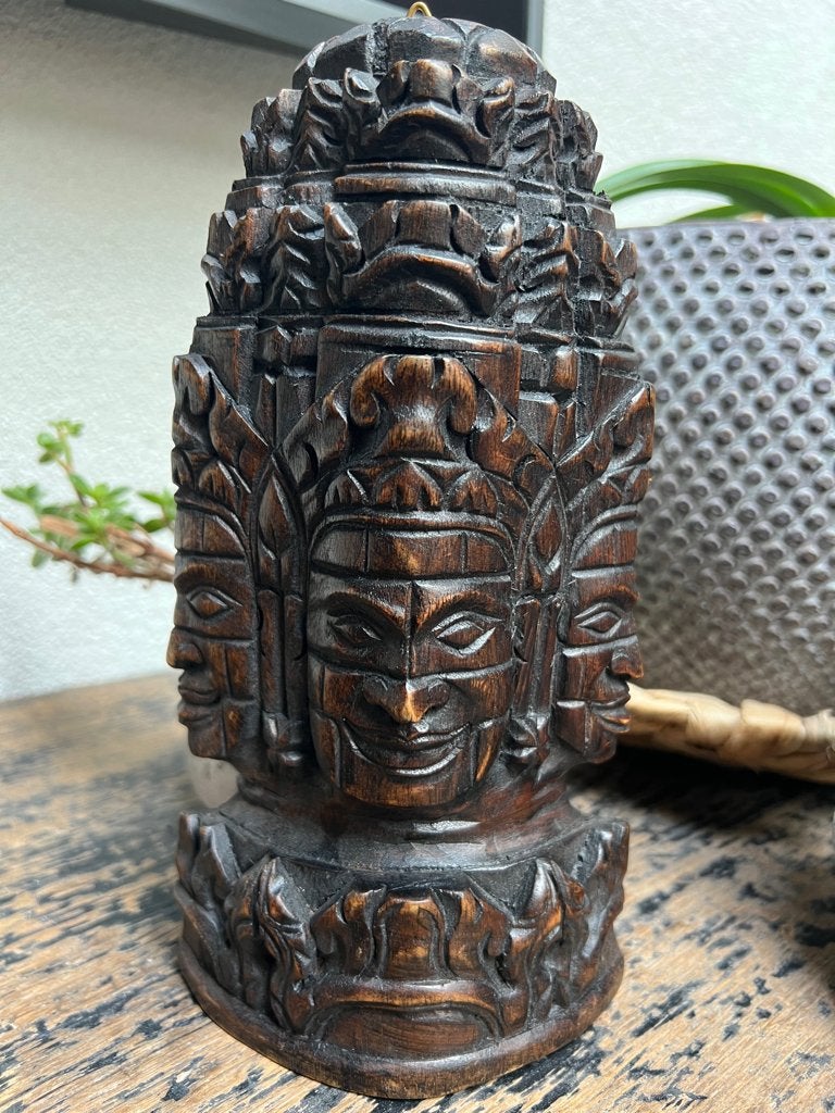 Boeddha 3 gezichten handwerk houtsnijwerk cambodja boeddha, Verburgt Vintage, 21 cm, Ophalen of Verzenden, Hout