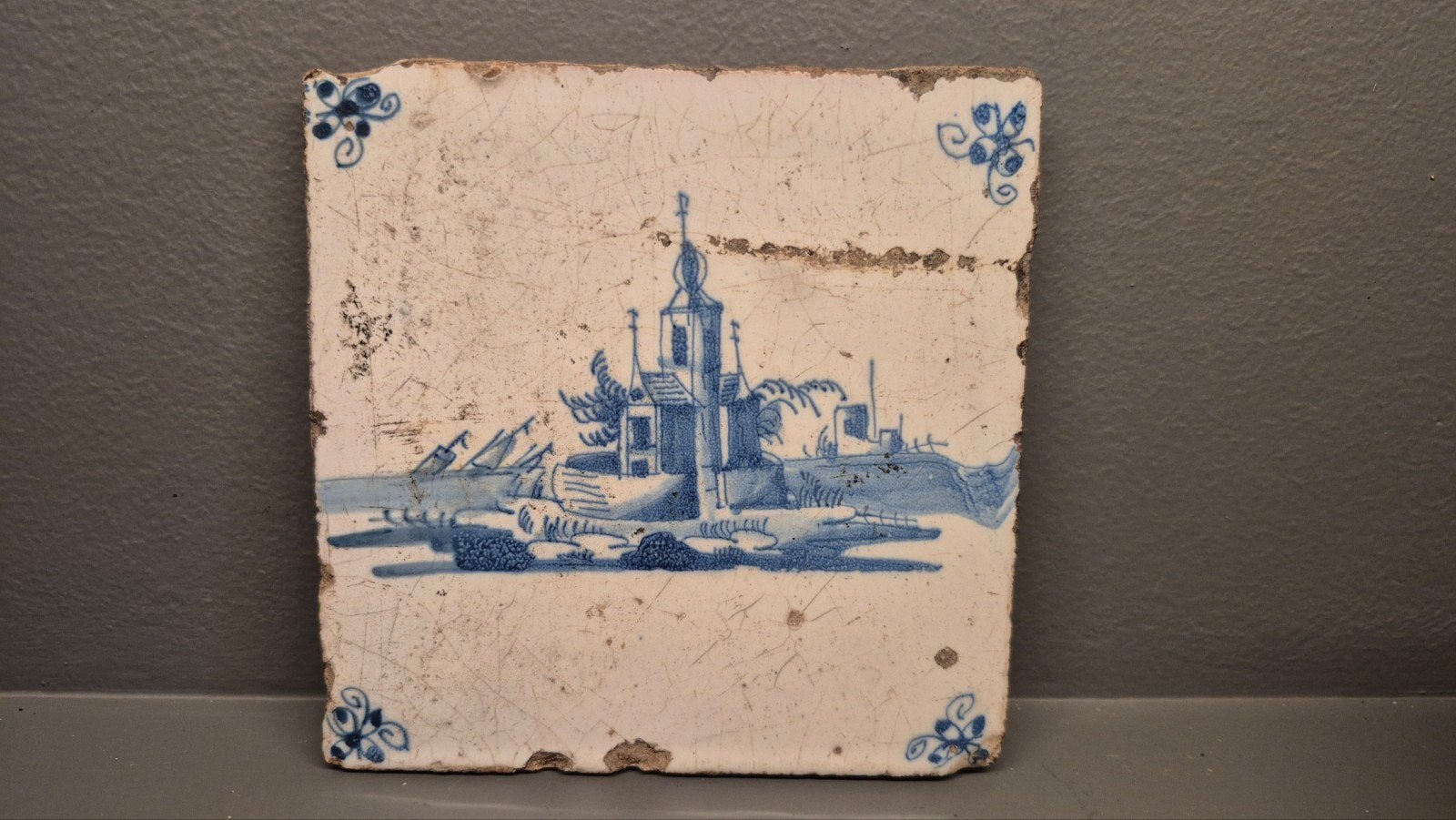 Antieke 17e-eeuwse Delfts Blauwe Tegel met Landschap, Antiek en Kunst, Ophalen of Verzenden