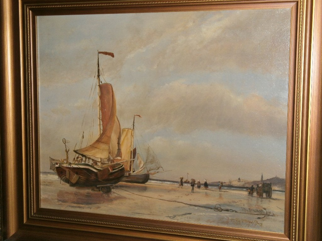 Hollandse meesterwerk c1950 vissers bij bomschuiten V d Berg, Antiek en Kunst, Ophalen, Gesigneerd, Olieverf, Doek