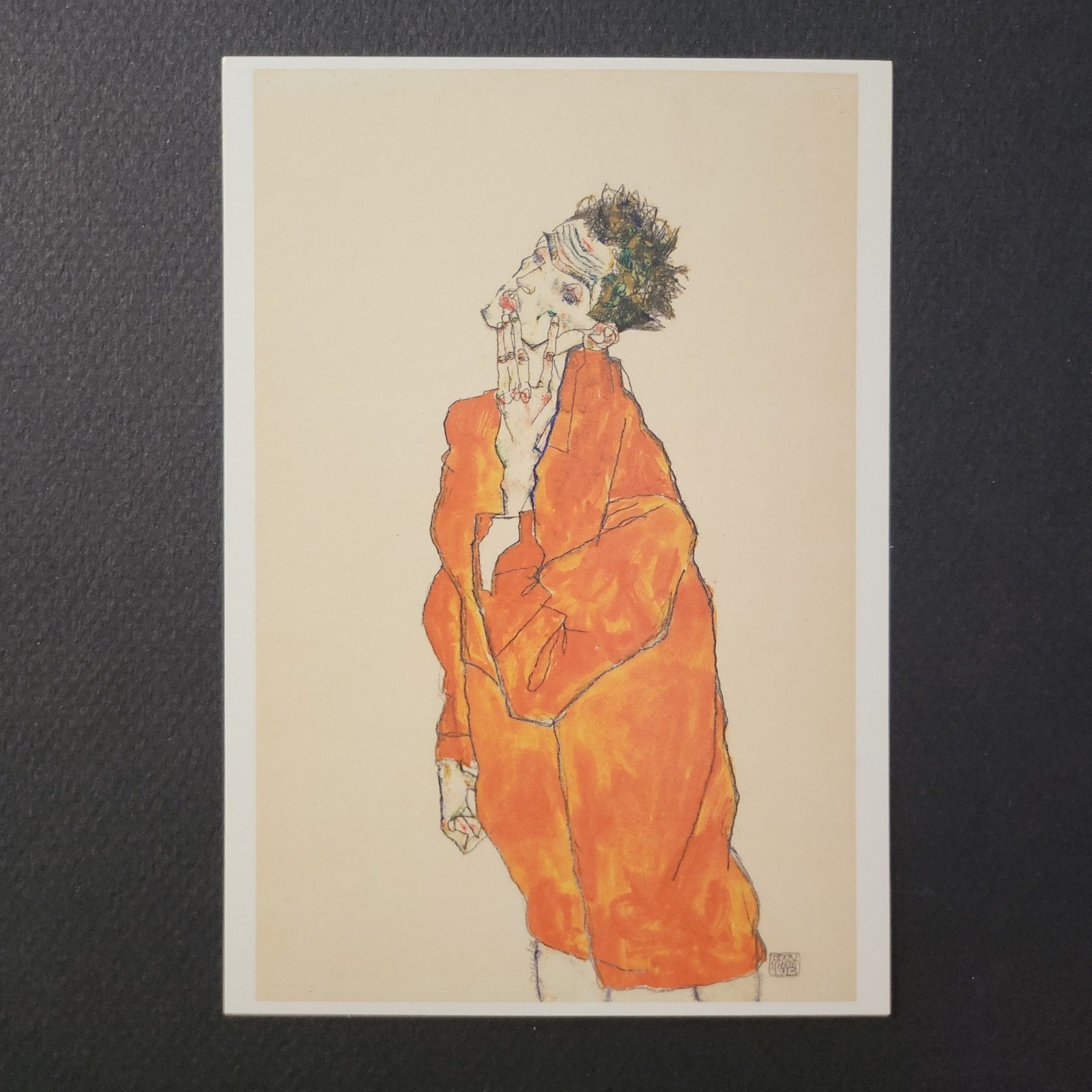 A1 Kunstkaart Egon Schiele Zelfportret in oranje hemd, Verzenden, Voor 1920, Ongelopen, Cultuur en Media