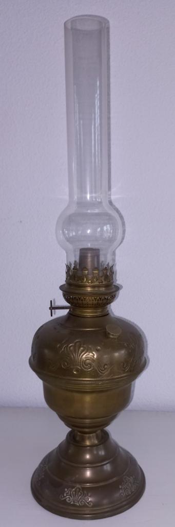 Antieke Koperen Olielamp met Glazen Schoorsteen, Antiek en Kunst, Ophalen of Verzenden