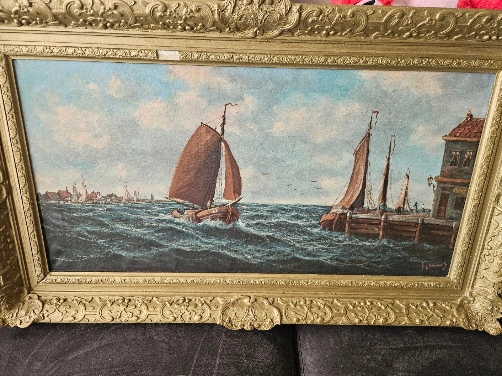Schilderij met zeilschepen en lijst - 100x60 cm, Antiek en Kunst, Ophalen, Ingelijst, Maritiem / water