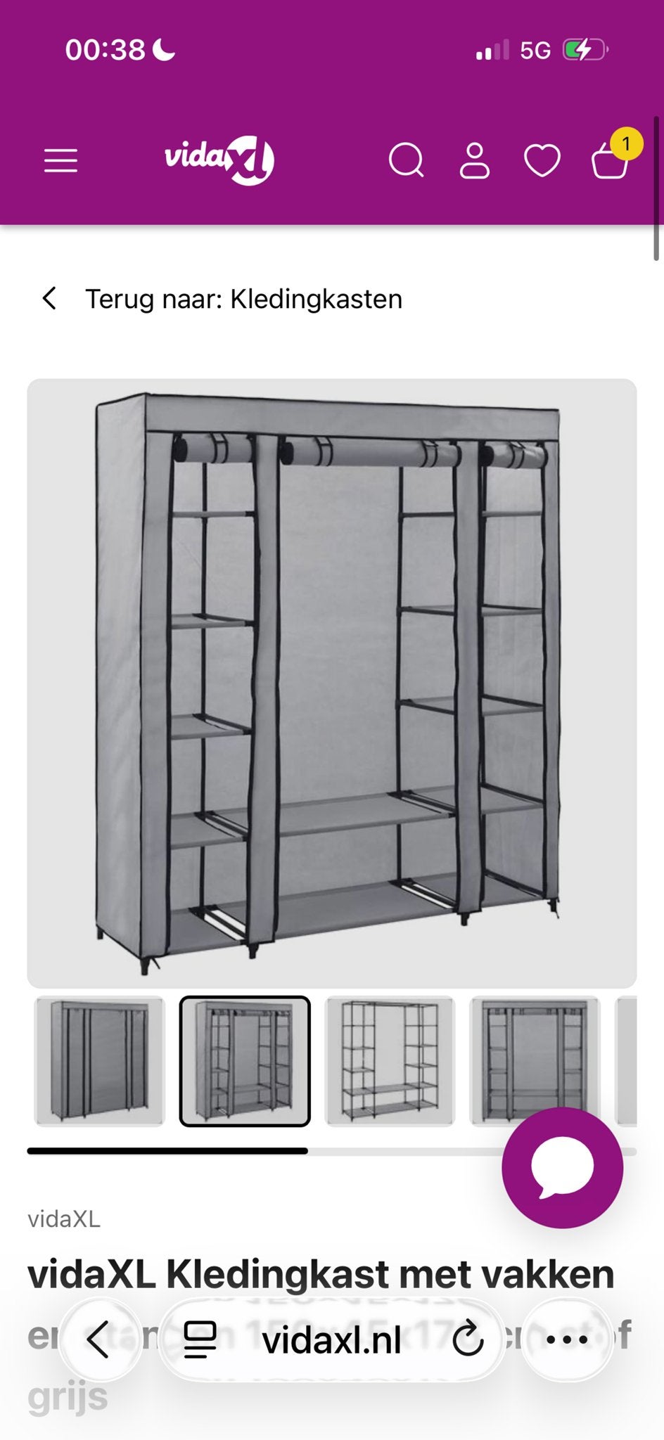 vidaXL Kledingkast met vakken - Grijs (gedemonteerd), Huis en Inrichting, Ophalen, Kunststof, Gebruikt, 100 tot 150 cm