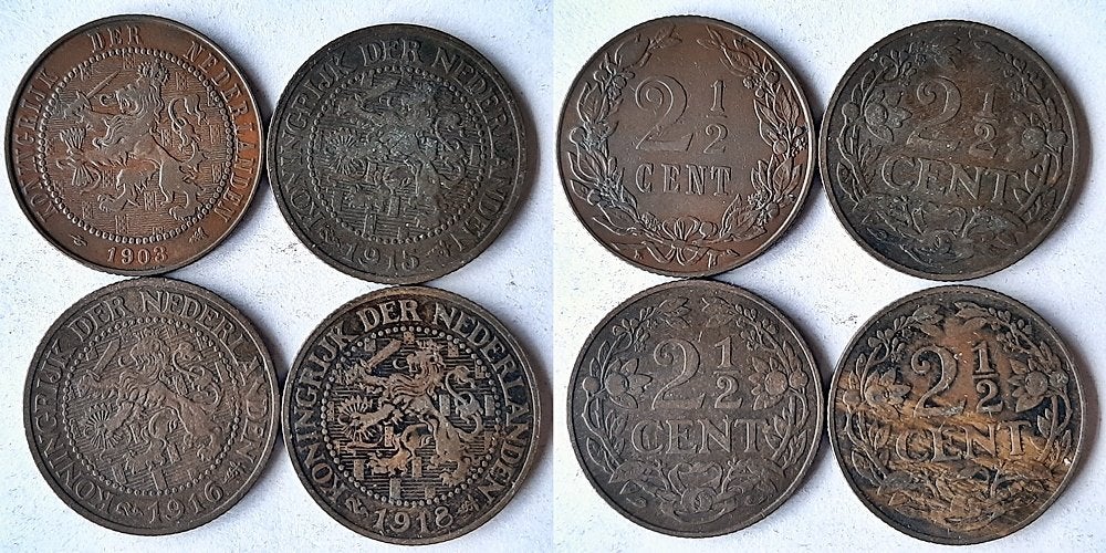 2 ½ centen 1903, 1915, 1916 en 1918, Verzenden, Koningin Wilhelmina