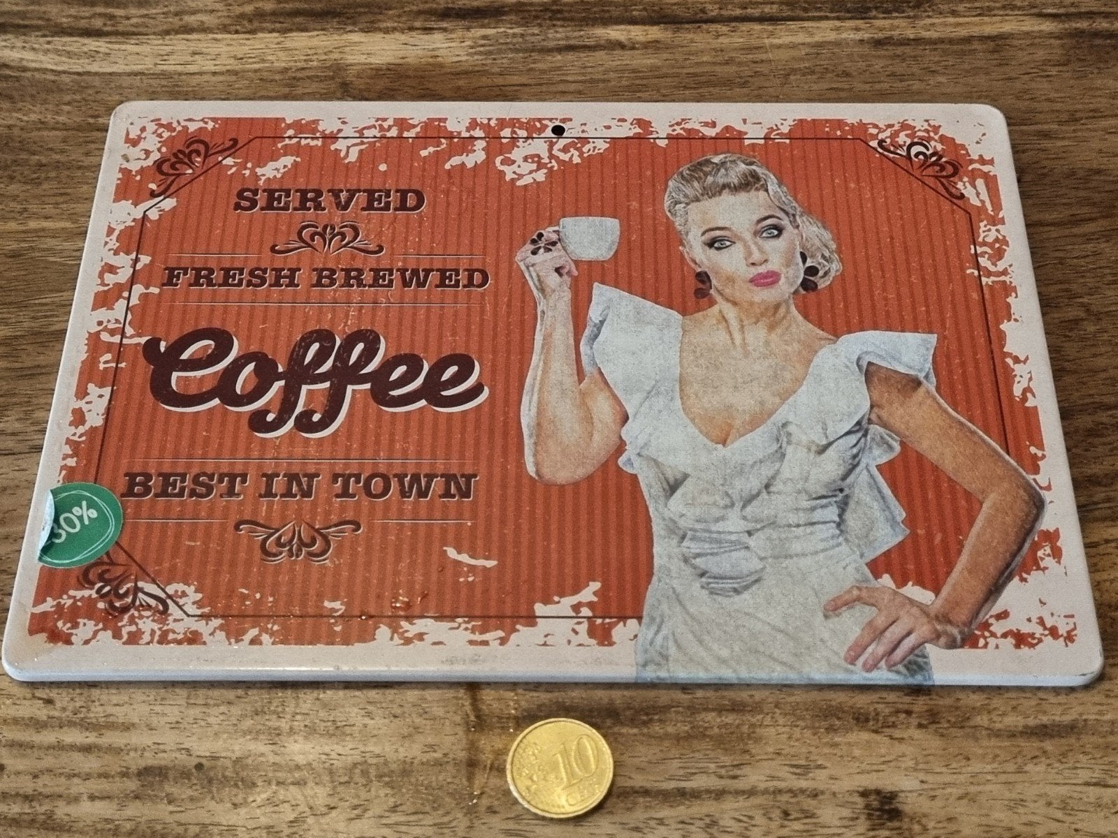 Vintage 'Coffee Best in Town' metalen wandbord, Vintage, Nieuw, Ophalen of Verzenden, Metaal