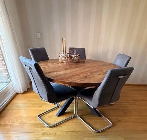 Mangohouten eettafel rond 1.50 doorsnee met 6 stoelen, Ophalen, Gebruikt, Rond, Vijf personen of meer