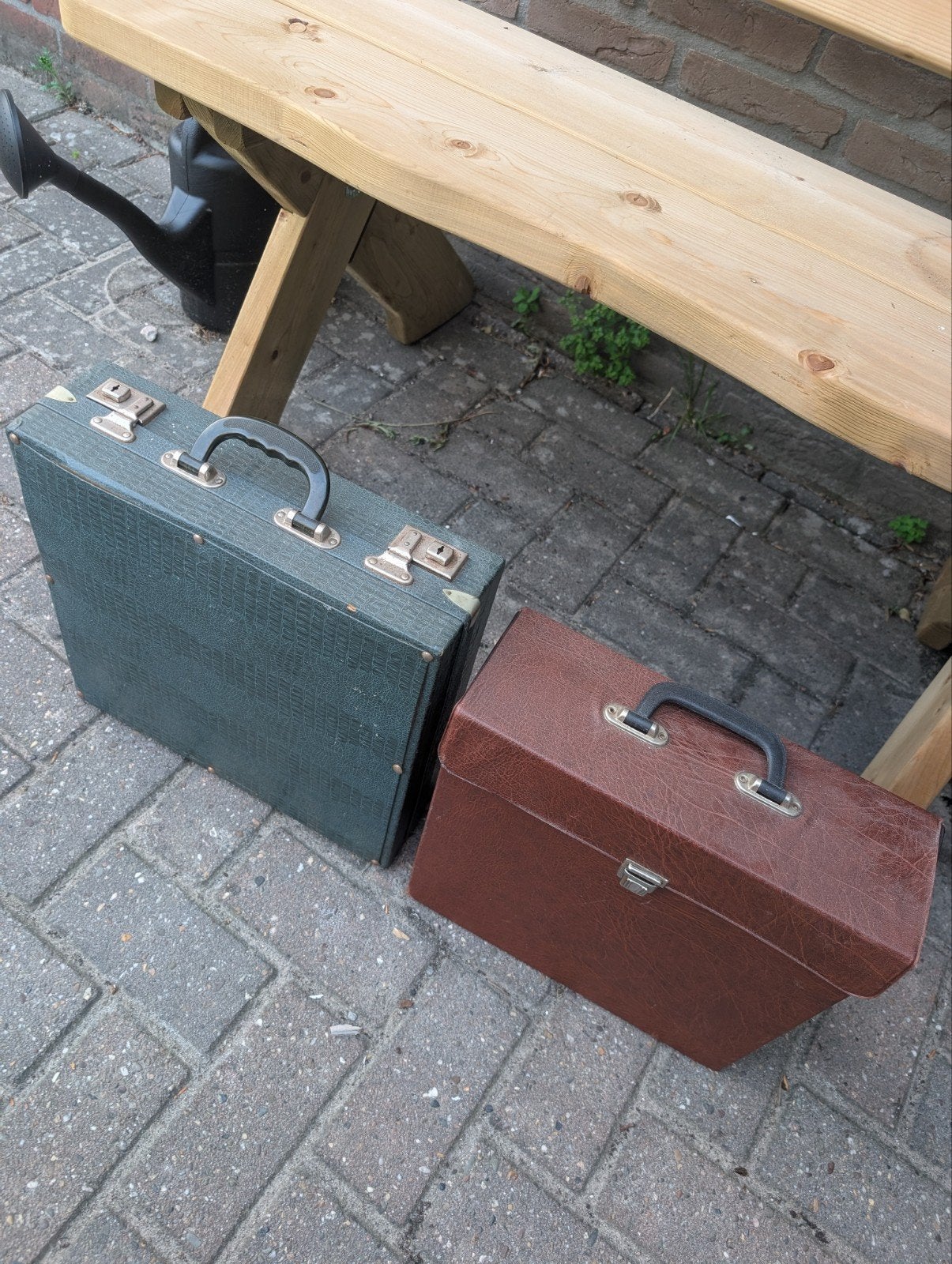 Vintage vinylplaten koffer - Groen en Bruin, Cd's en Dvd's, Vinyl | Overige Vinyl, Ophalen, Gebruikt, 7 inch, Overige typen