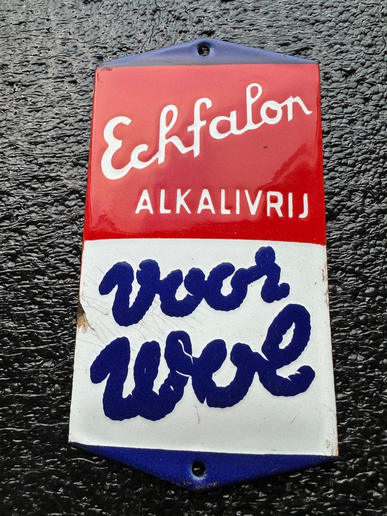 Schitterend oud emaille Echfallon voor wol deurpostje., Ophalen of Verzenden, Gebruikt, Reclamebord