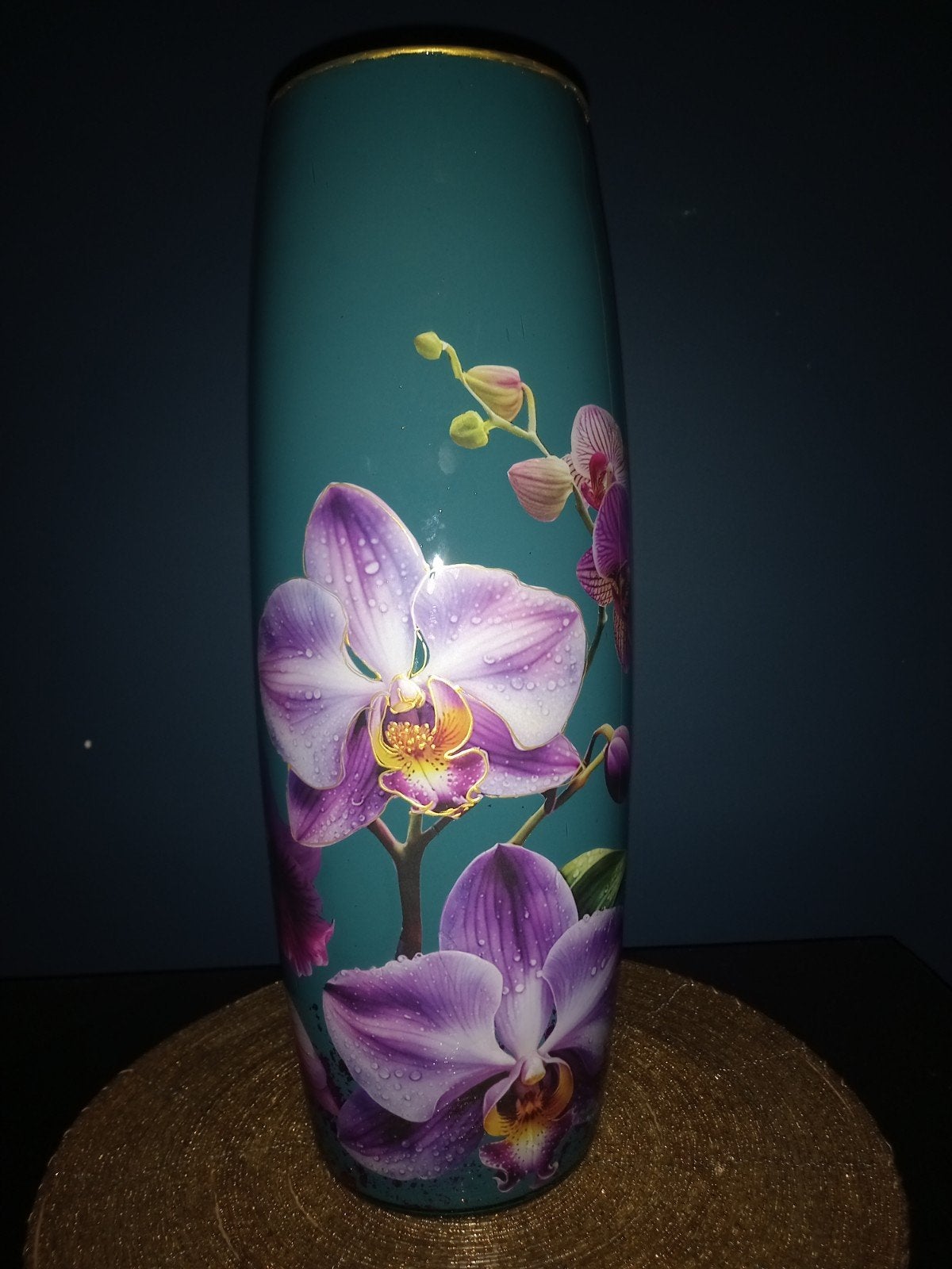 vaas met orchideeën decoratie, Huis en Inrichting, Woonaccessoires | Vazen, Nieuw, Ophalen of Verzenden, Glas, Met patroon/structuur