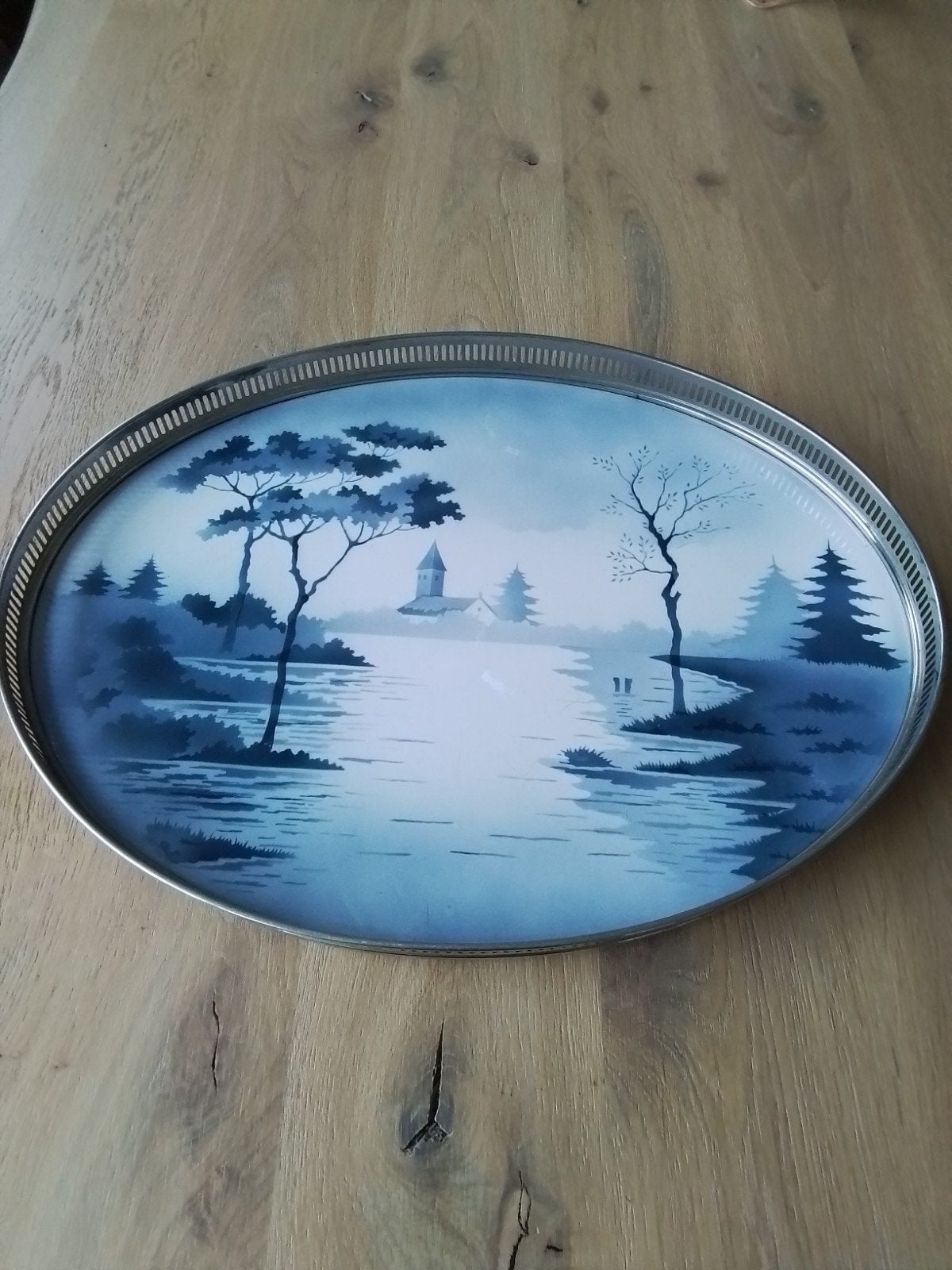 Vintage Ovaal Dienblad met Landschap in Blauwtinten, Ophalen