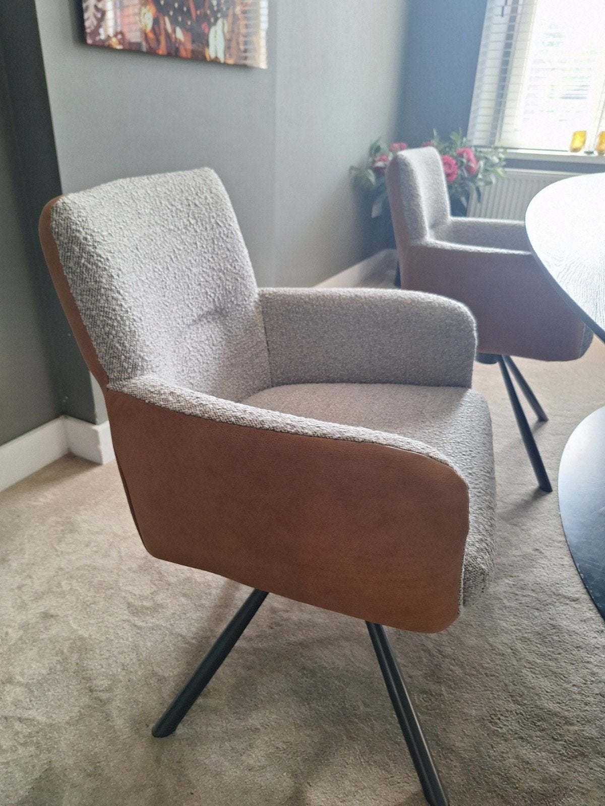 4 Stijlvolle eetkamerstoelen met teddy stof en leer, Modern, Eigentijds, Gebruikt, Bruin, Leer