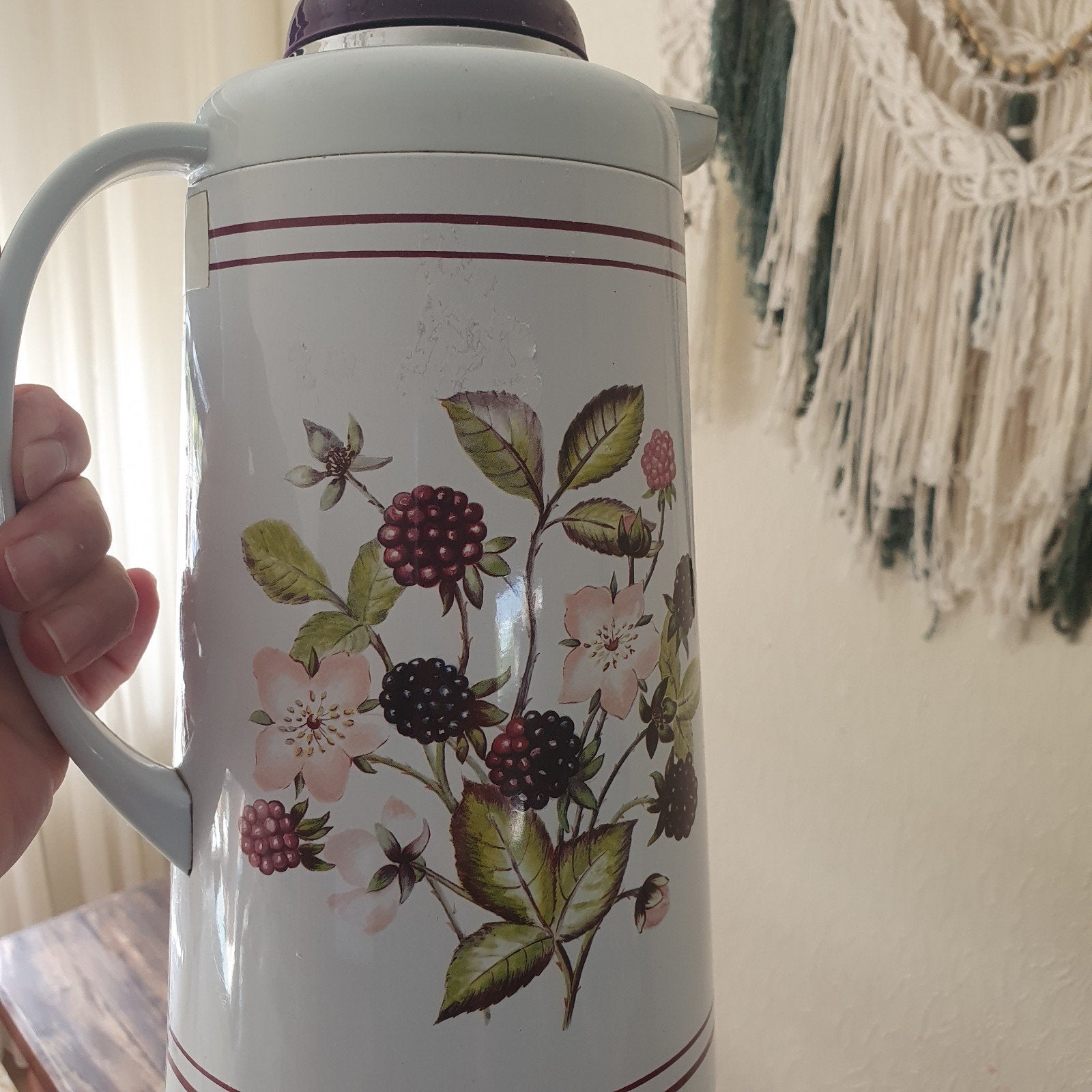 Vintage Thermoskan met Bessen en Bloemen Patroon, Ophalen, Metaal, Wit, Overige merken