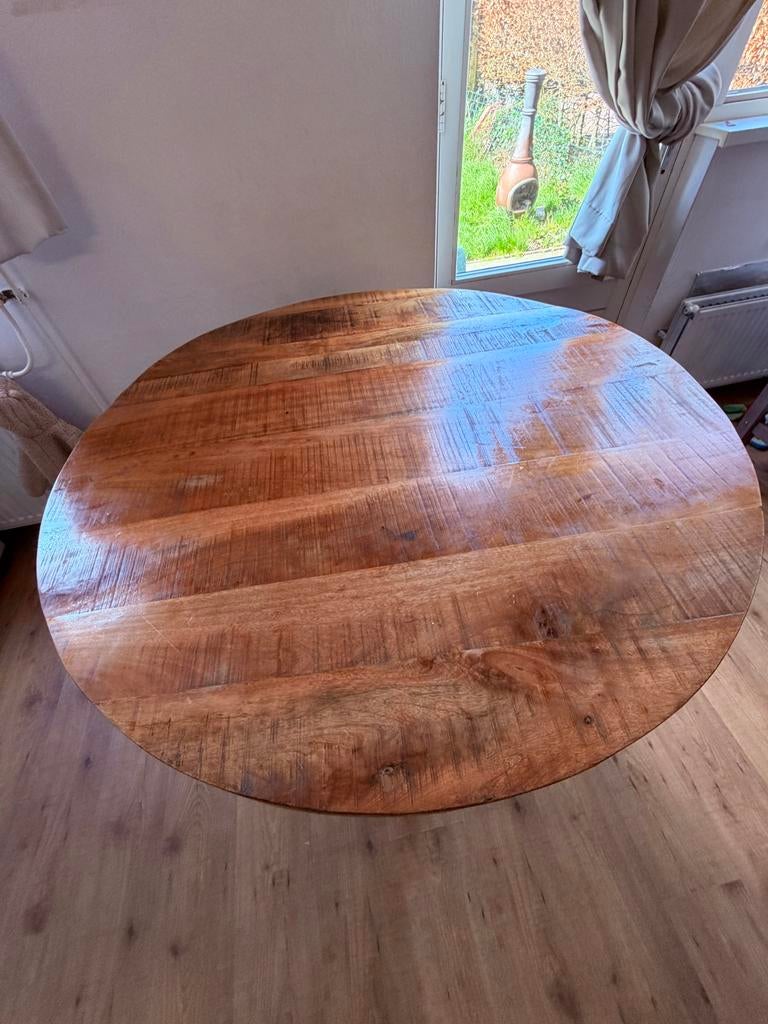 Massief mango houten tafelblad - honingbruin, Huis en Inrichting, Tafels | Eettafels, Gebruikt, 100 tot 150 cm, Rond, Vier personen